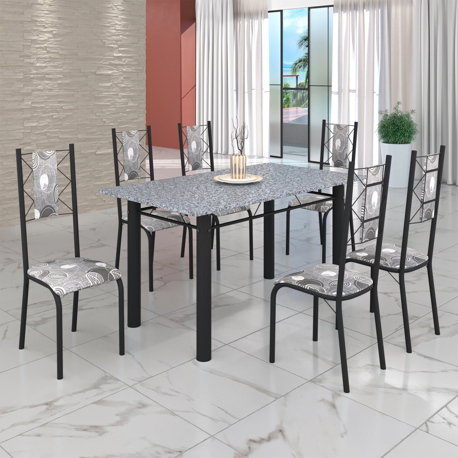 Conjunto Sala de Jantar Bahia Mesa Tubo 140x75cm Tampo Pedra Granito com 6 Cadeiras - 1
