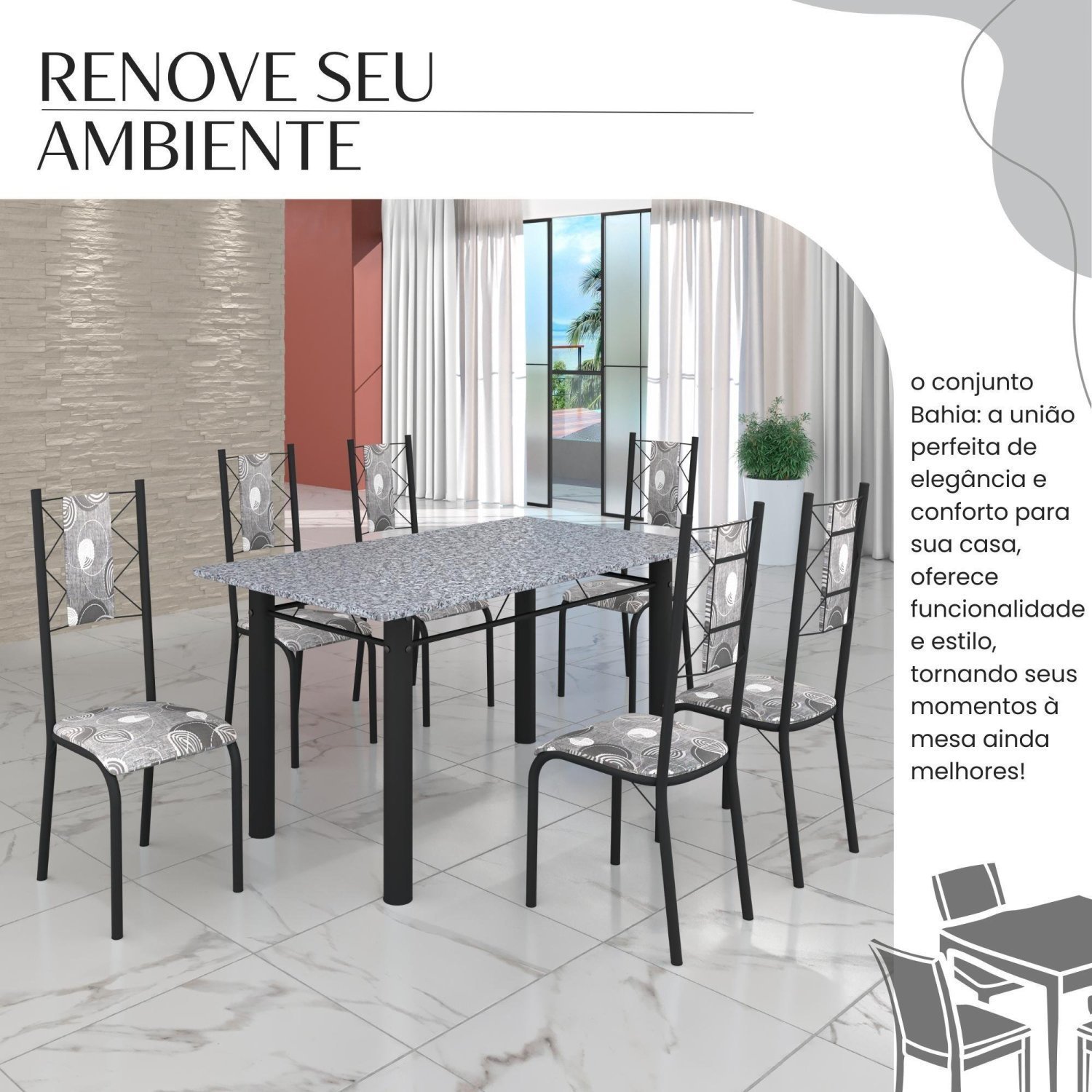 Conjunto Sala de Jantar Bahia Mesa Tubo 140x75cm Tampo Pedra Granito com 6 Cadeiras - 6