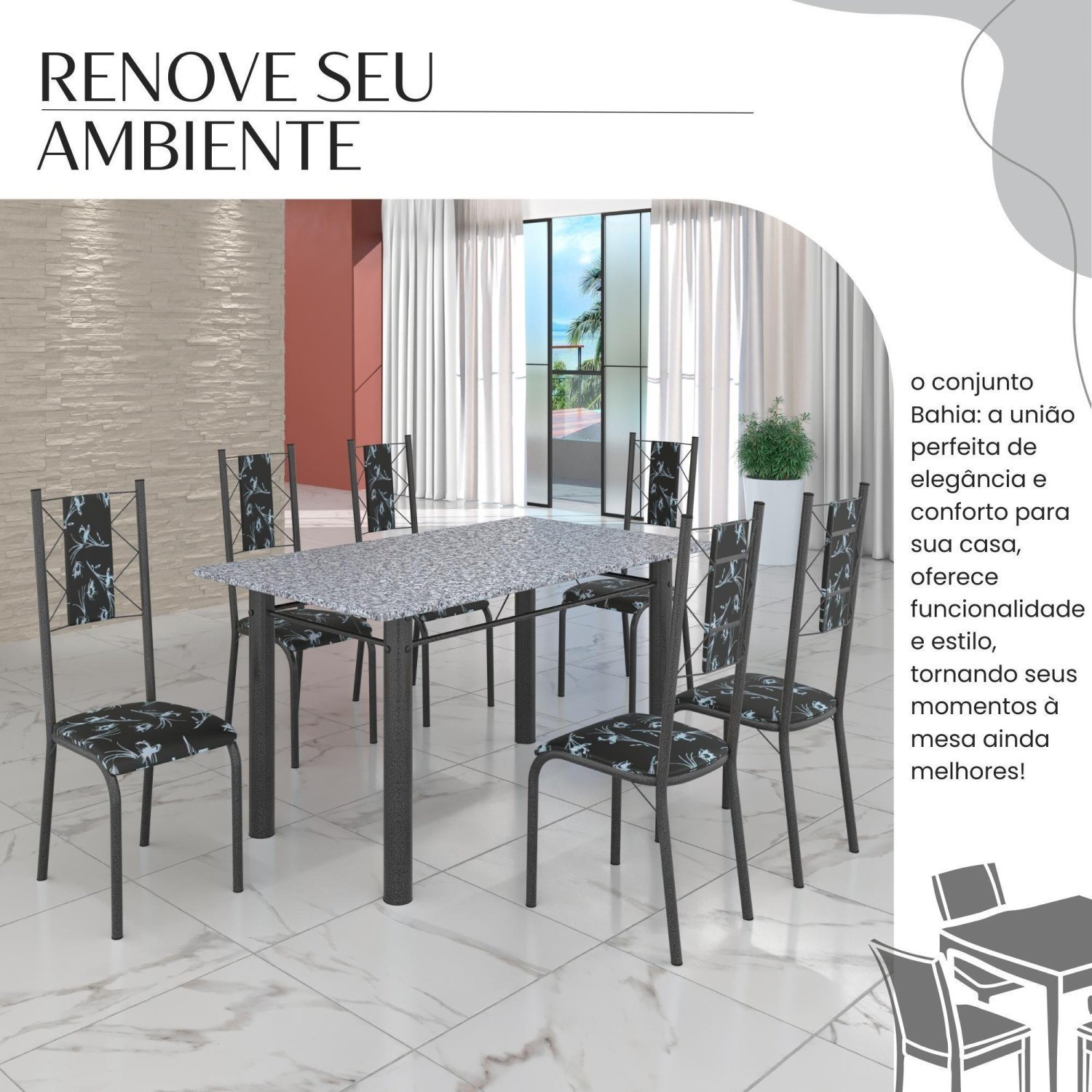 Conjunto Sala de Jantar Bahia Mesa Tubo 140x75cm Tampo Pedra Granito com 6 Cadeiras - 6