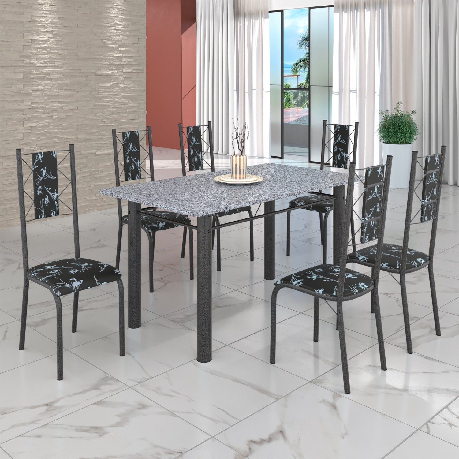 Conjunto Sala de Jantar Bahia Mesa Tubo 140x75cm Tampo Pedra Granito com 6 Cadeiras - 1