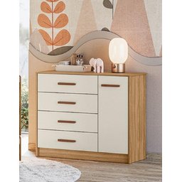 Cômoda Pérola  100% MDF 4 Gavetas 1 Portas Com Cabideiro Nature Branco Off - Peternella - 1