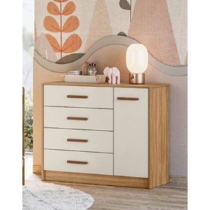 Cômoda Pérola  100% MDF 4 Gavetas 1 Portas Com Cabideiro Nature Branco Off - Peternella