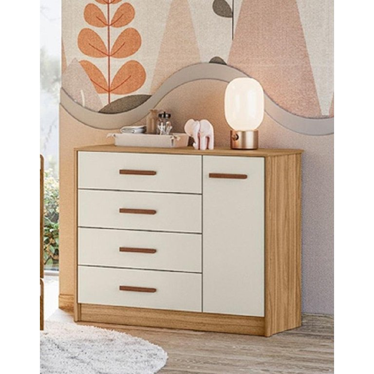 Cômoda Pérola  100% MDF 4 Gavetas 1 Portas Com Cabideiro Nature Branco Off - Peternella