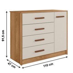 Cômoda Pérola  100% MDF 4 Gavetas 1 Portas Com Cabideiro Nature Branco Off - Peternella - 4