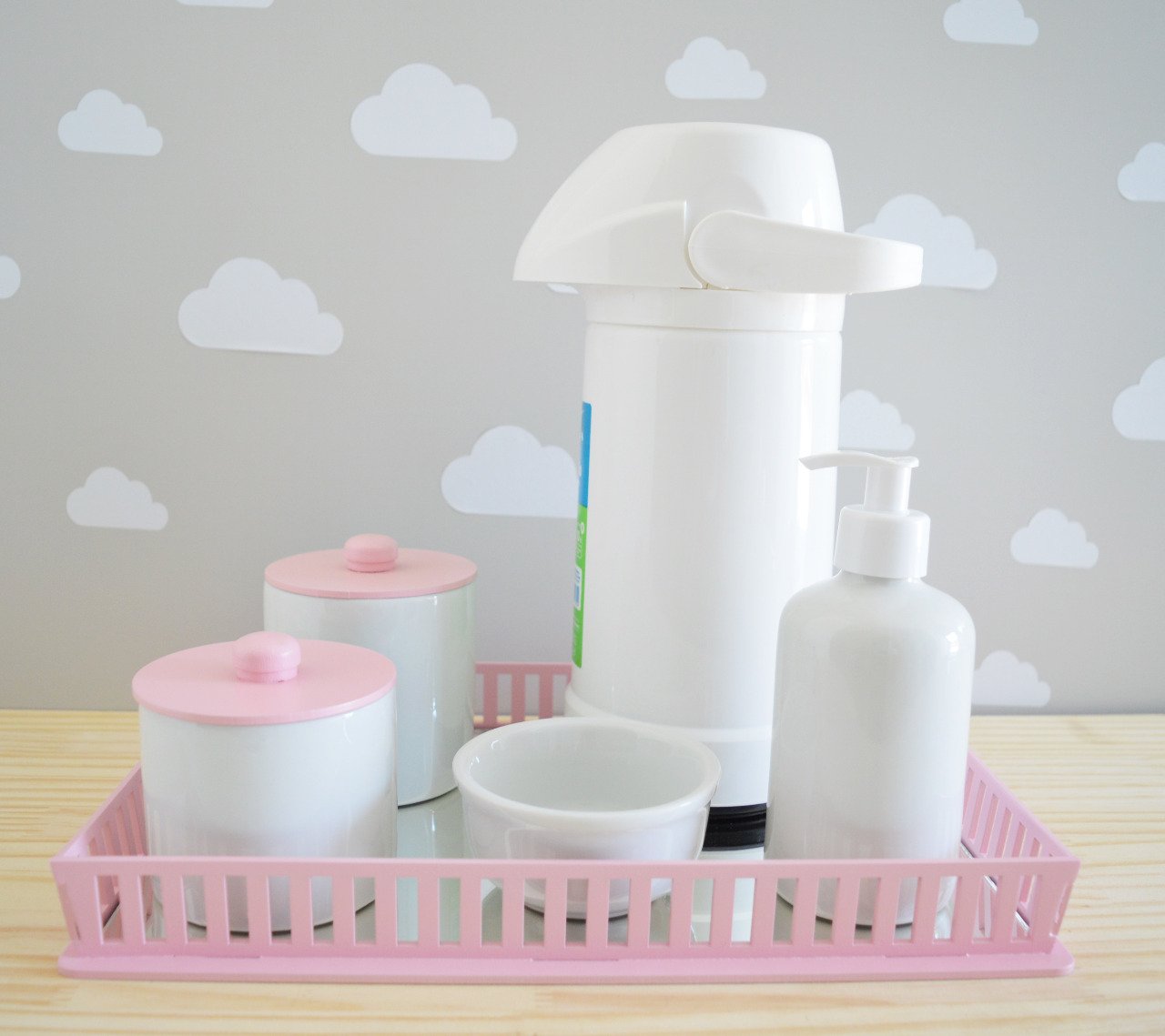 Kit Higiene Porcelana Bebê Maternidade Montessoriano + Bandeja + Térmica  500ml - Verde Safari