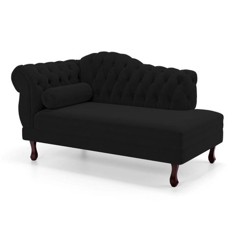 Divã Recamier Lavínia Clássico 120cm Capitonê com Pés de Madeira Courino Preto - Desk Design