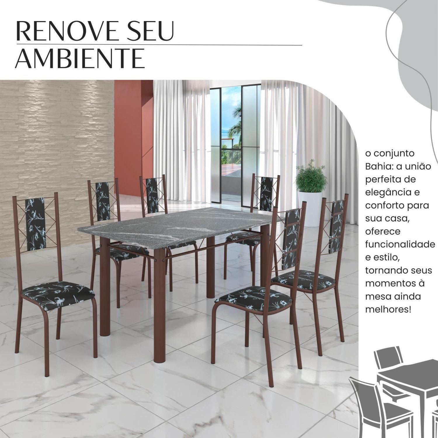 Conjunto Sala de Jantar Bahia Mesa Tubo 3" 140x75cm Tampo Pedra Granito Topázio com 6 Cadeiras - 6