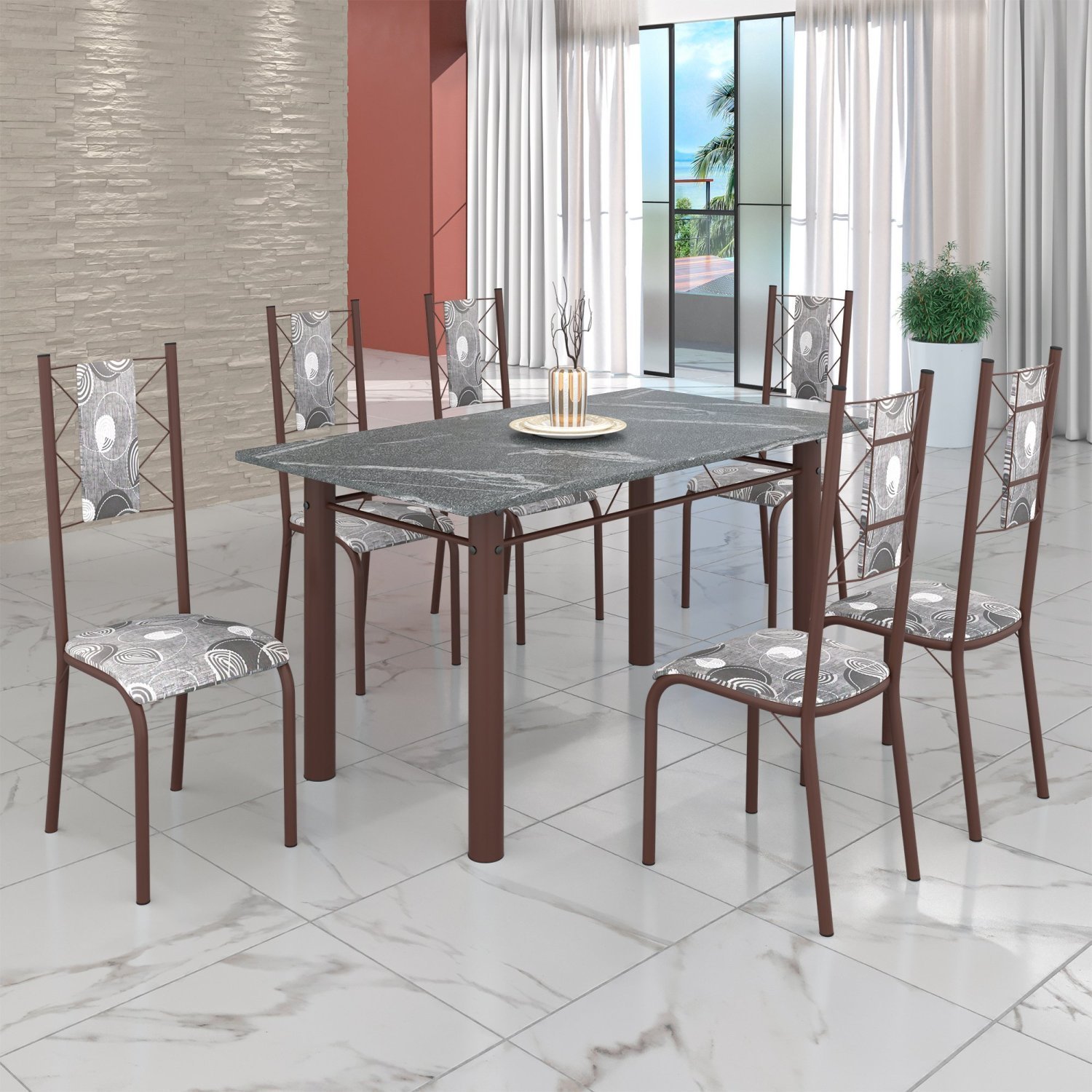 Conjunto Sala de Jantar Bahia Mesa Tubo 3" 140x75cm Tampo Pedra Granito Topázio com 6 Cadeiras - 1