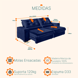 Sofá Retrátil e Reclinável 2,10m Molas Ensacadas Pillow Top Suede Cancún Azul - 3