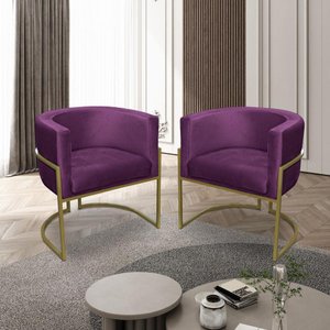 Kit 02 Poltronas para Sala Decorativa Luna Base Ferro Dourado Veludo Roxa Visan Estofados