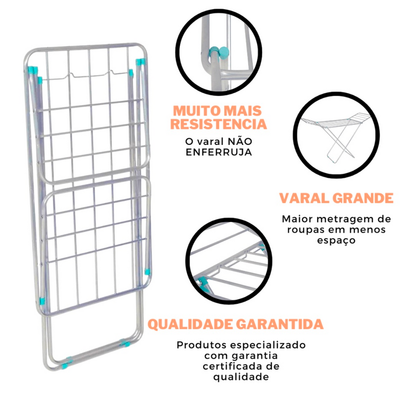 Varal de Chão Nápoles Dobrável Resistente Apartamento Lavanderia Portátil Área Interna Externa Retrá - 3