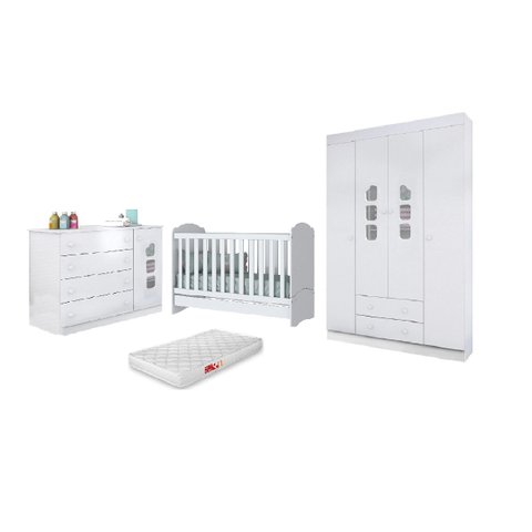 Jogo de Quarto Infantil Ana Lívia Roupeiro e Cômoda MDF + Berço Mini Cama Pirulito c/ Colchão
