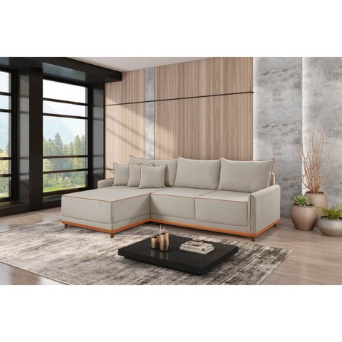 Sofá Linho 3 Lugares 264cm com Chaise Lado Esquerdo Barra Bege Creme/Paçoca