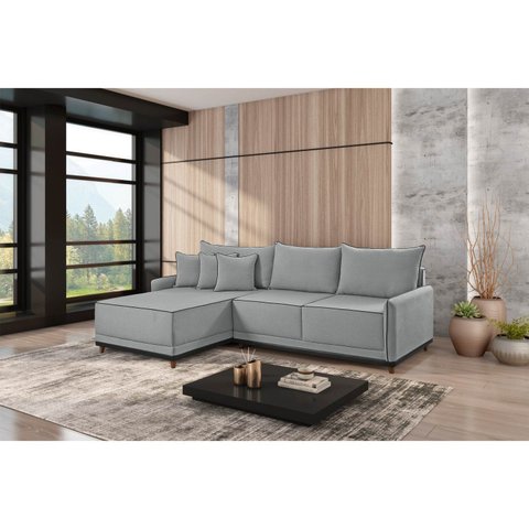 Sofá Linho 3 Lugares 264cm com Chaise Lado Esquerdo e Kit USB Barra Cinza/Preto