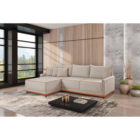 Sofá Linho 3 Lugares 264cm com Chaise Lado Esquerdo e Kit USB Barra Bege Cru/Paçoca