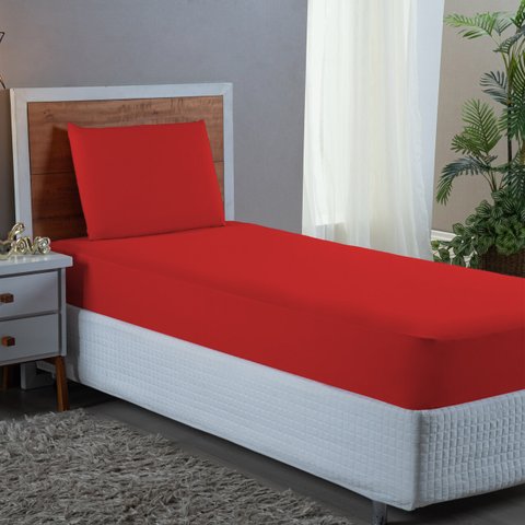 Conjunto Lençol Cama Solteiro 2 Peças 400 Fios com Elástico e Fronha Toque Macio:vermelho