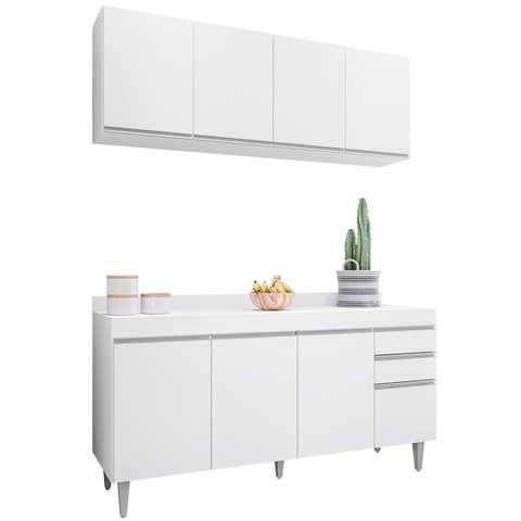 Kit Balcão 4 Portas e Armário Aéreo 160 Cm Laila Branco