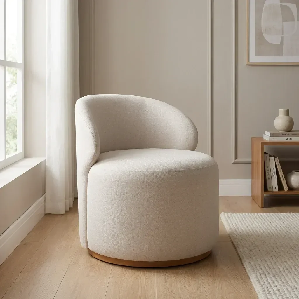 Poltrona Curva Moderna Design Arredondado Em Linho Brenda Yescasa Bege Nude