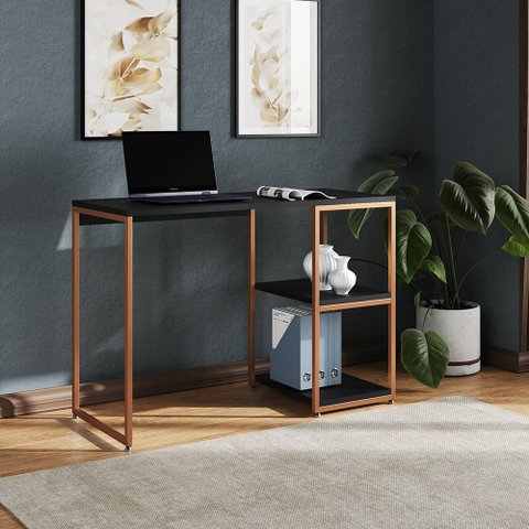 Mesa Escritório Berlim Industrial com Prateleira Ferro Cobre Tampo 110x46 Preto