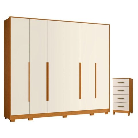 Guarda Roupa Casal Mercure 6 Portas e Cômoda Mobi 04 Gavetas Cinamomo Off White - Móveis Albatroz