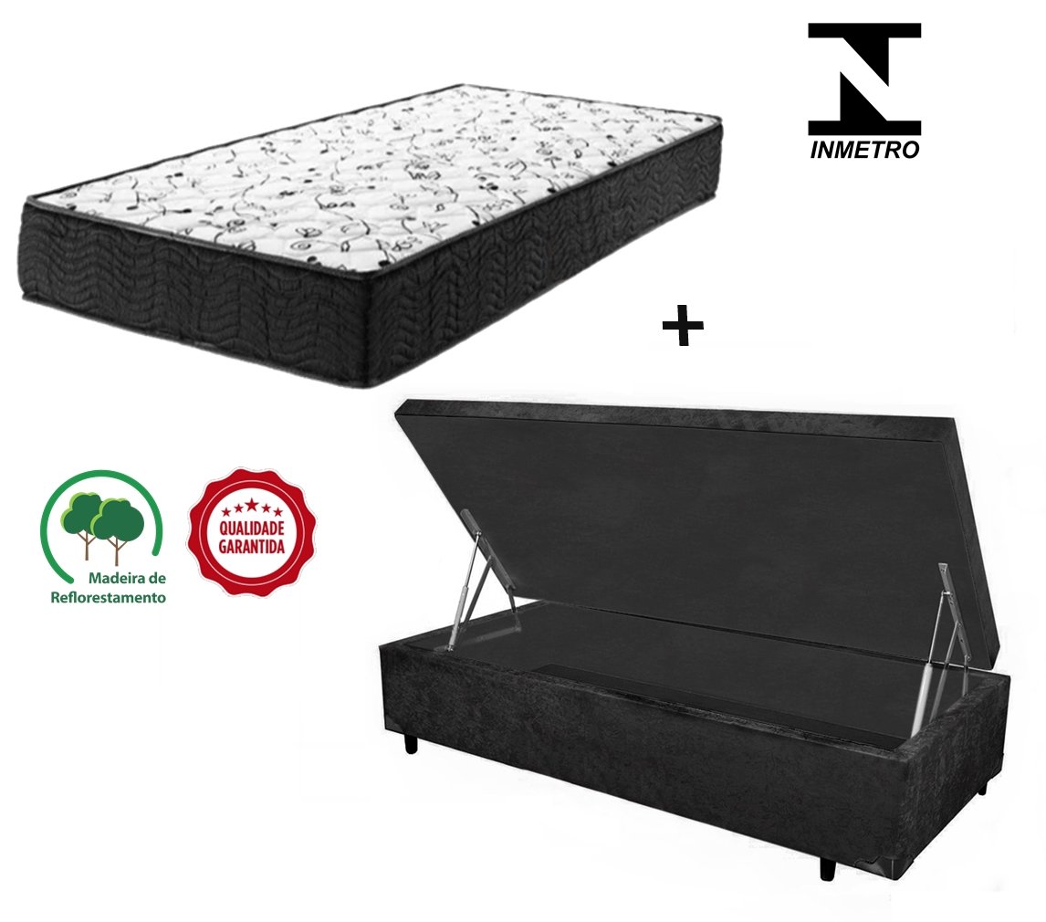 Cama Box Baú Green Solteiro Preto + Colchão Espuma D33 88x188x8 - 2