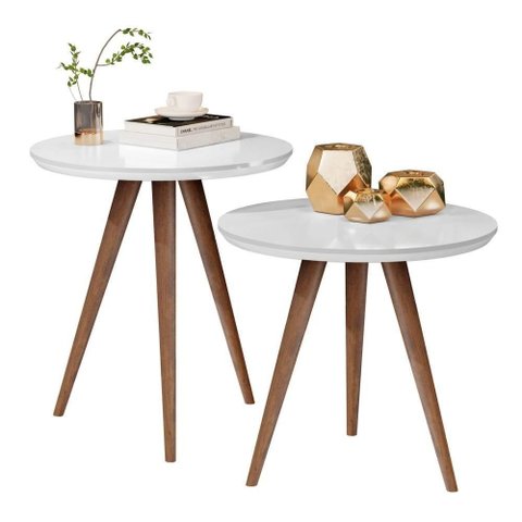 Kit Mesa de Apoio e Lateral Sofá e Sala Visita Freijó - Branco Branco