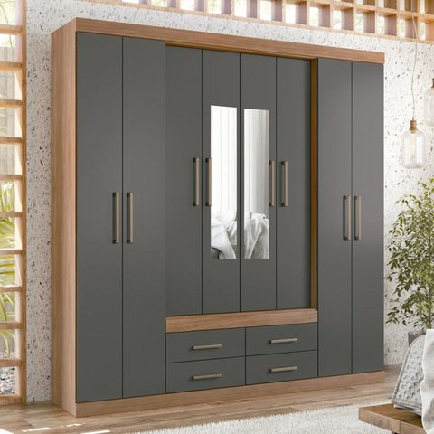 Guarda Roupa Casal 8 Portas 4 Gavetas Nápoles com Espelhos Marrom/Jatobá/Grafite