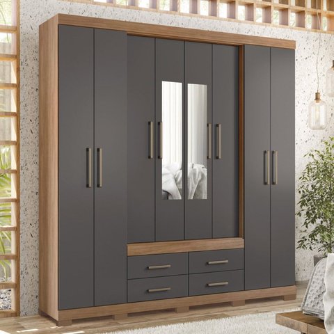 Guarda Roupa Casal 8 Portas 4 Gavetas Nápoles com Espelhos e Pés Marrom/Jatobá/Grafite