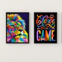 Ver imagem 1 de Kit 2 Quadros Leão Colorido Change The game 24x18cm - com Vidro:madeira Branca