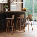 Ver imagem 1 de Kit 3 Banquetas Altas Luxo Linea Aço Preto Linho Terracota Base Carvalho