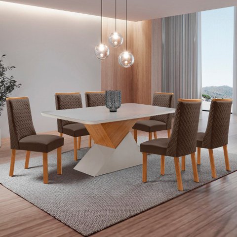 Mesa de Jantar Aster 180cm Tampo MDF Vidro Canto Copo com 6 Cadeiras Carolina