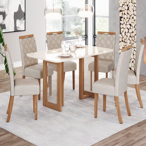 Conjunto Sala de Jantar Mesa Canto Arredondado com Vidro 6 Cadeiras Yara Off White/Nature/Linho
