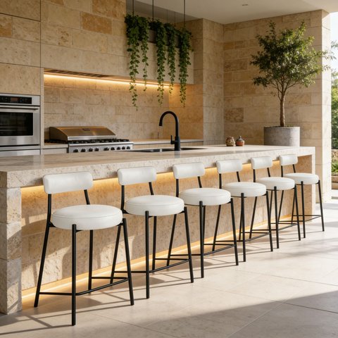 Banqueta Cozinha Alta com Encosto Industrial Preto Kit 6 Londres PU Branco D03 - D’Rossi