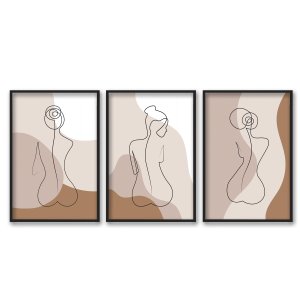 Kit 3 Quadros Decorativos Abstrato Curvas Mulher Moderno Recepção Sala Com Moldura 30x40cm:Preto