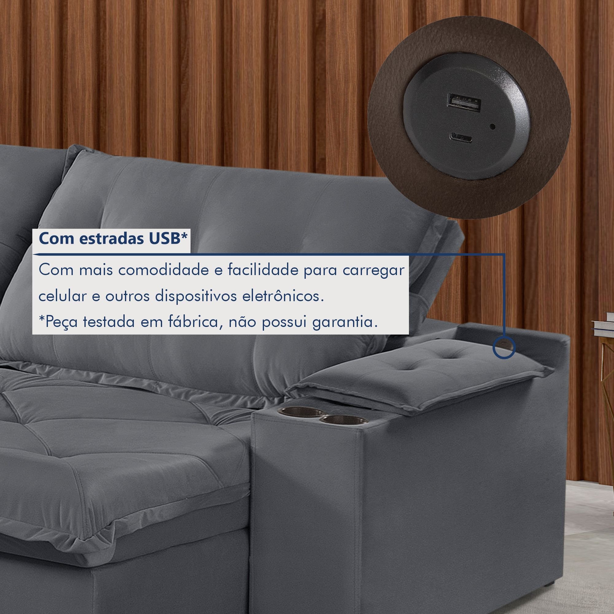 Sofá Retrátil e Reclinável 250cm M163 com Porta Copos Yescasa - 8