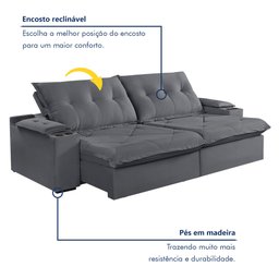 Sofá Retrátil e Reclinável 250cm M163 com Porta Copos Yescasa - 3