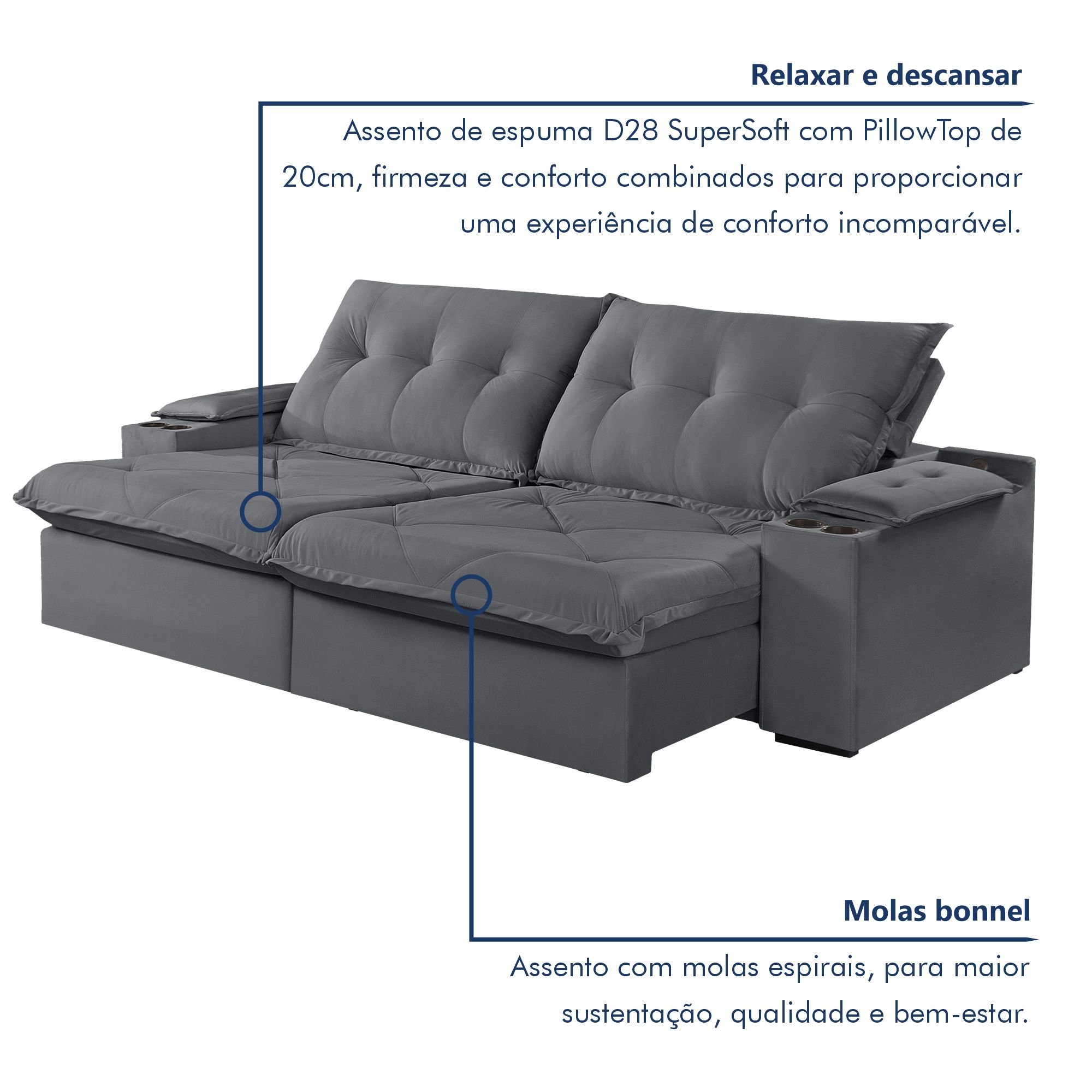 Sofá Retrátil e Reclinável 250cm M163 com Porta Copos Yescasa - 7