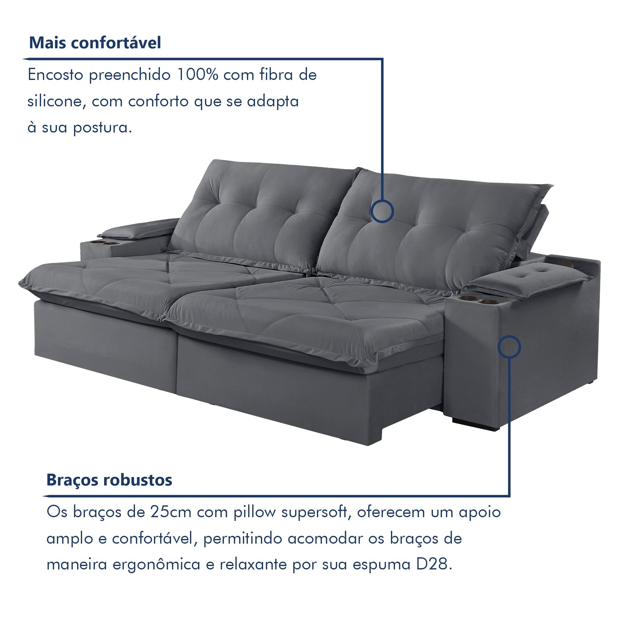 Sofá Retrátil e Reclinável 250cm M163 com Porta Copos Yescasa - 6