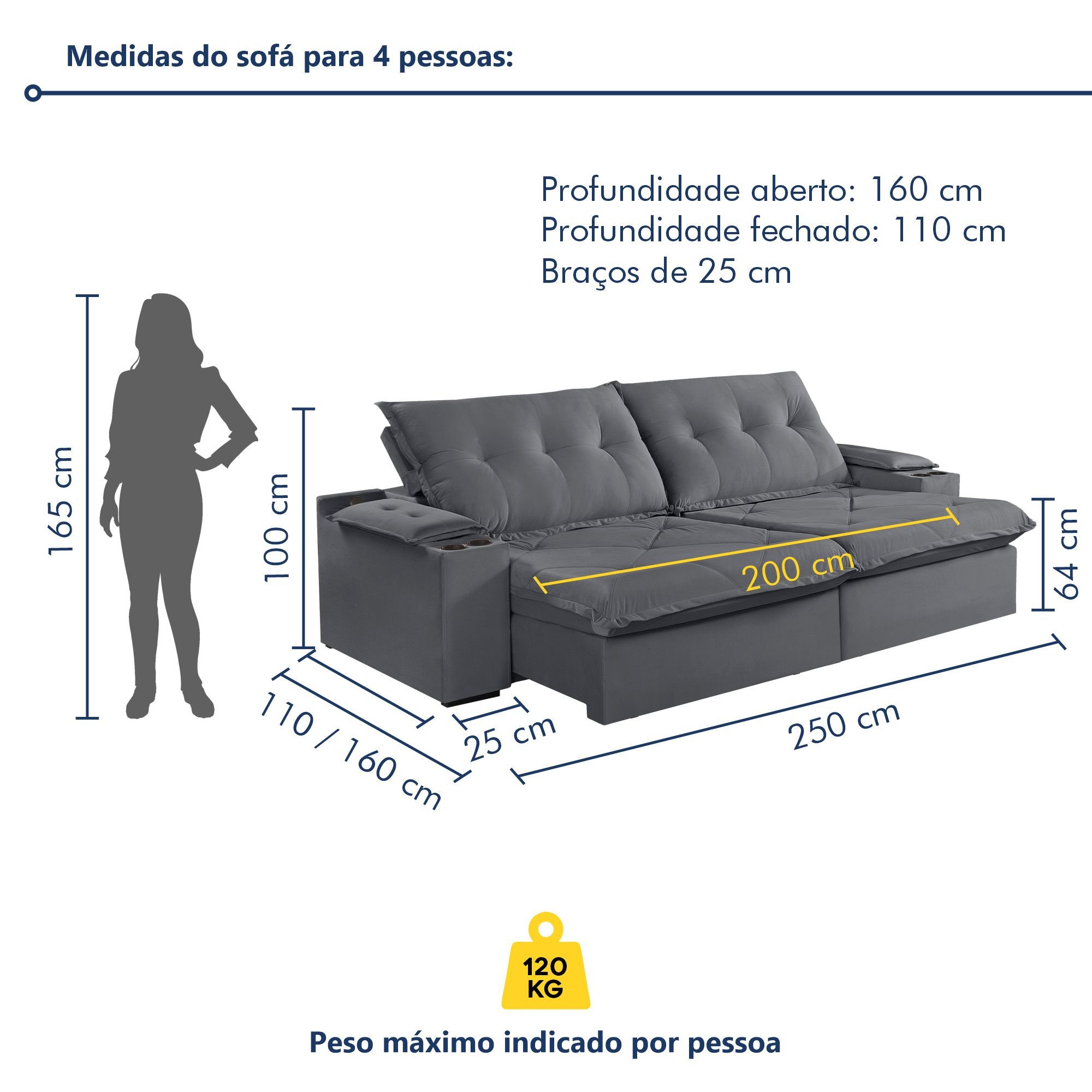 Sofá Retrátil e Reclinável 250cm M163 com Porta Copos Yescasa - 10