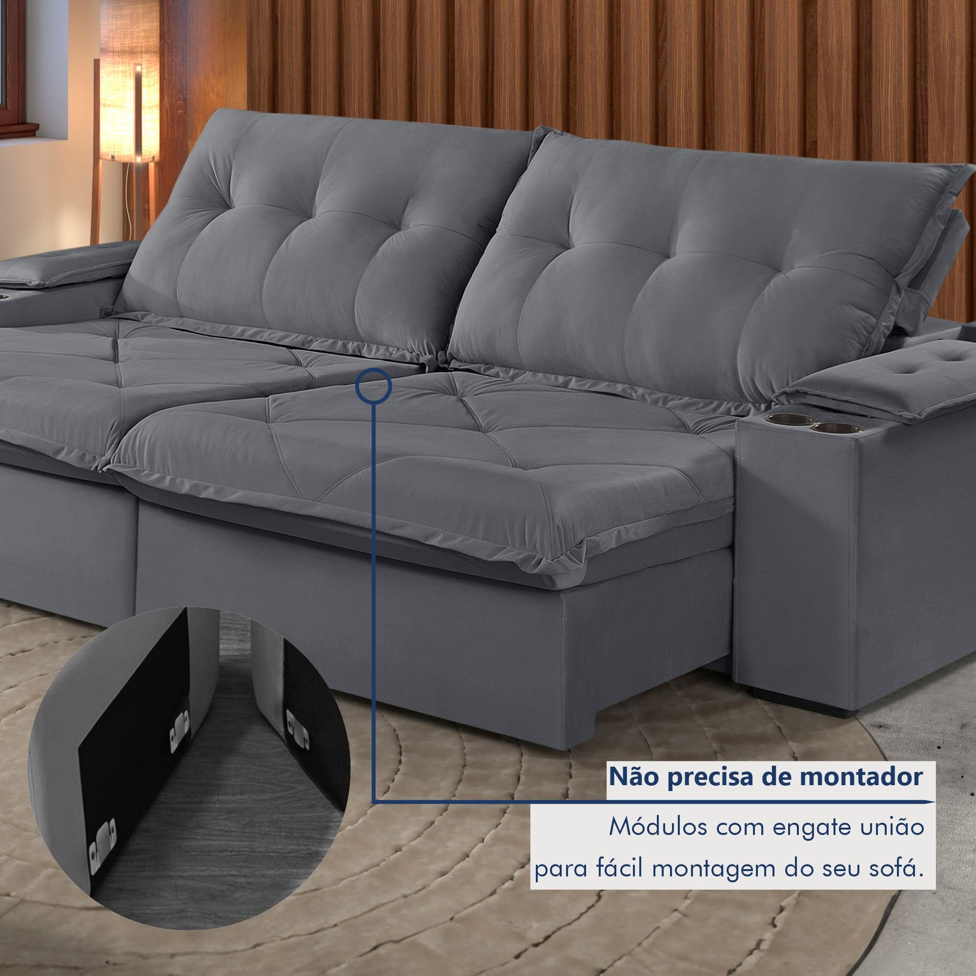 Sofá Retrátil e Reclinável 250cm M163 com Porta Copos Yescasa - 9