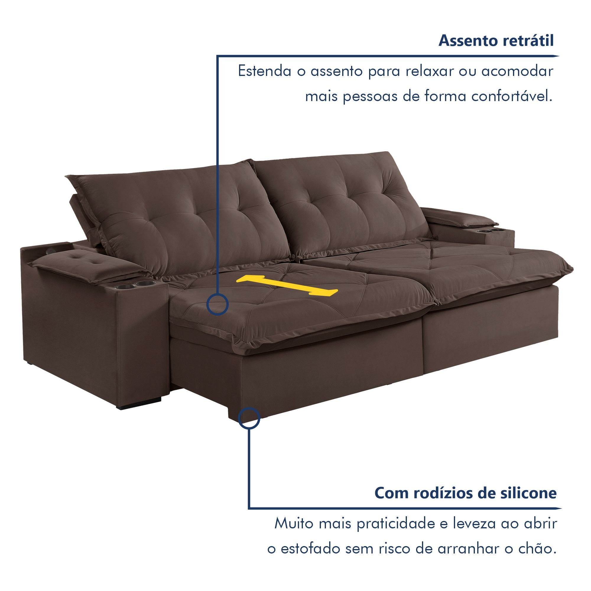 Sofá Retrátil e Reclinável 230cm M163 com Porta Copos Yescasa - 4