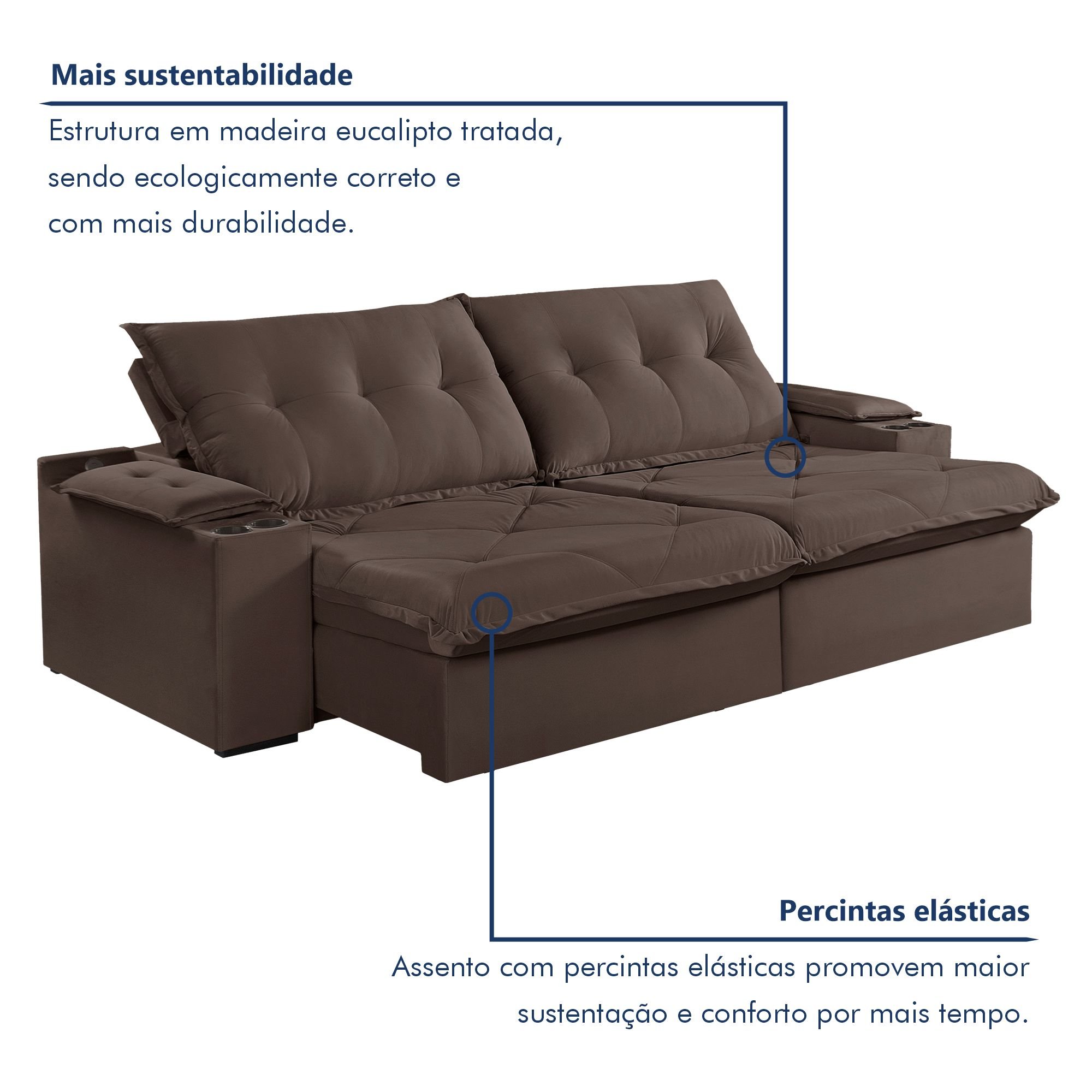 Sofá Retrátil e Reclinável 230cm M163 com Porta Copos Yescasa - 5
