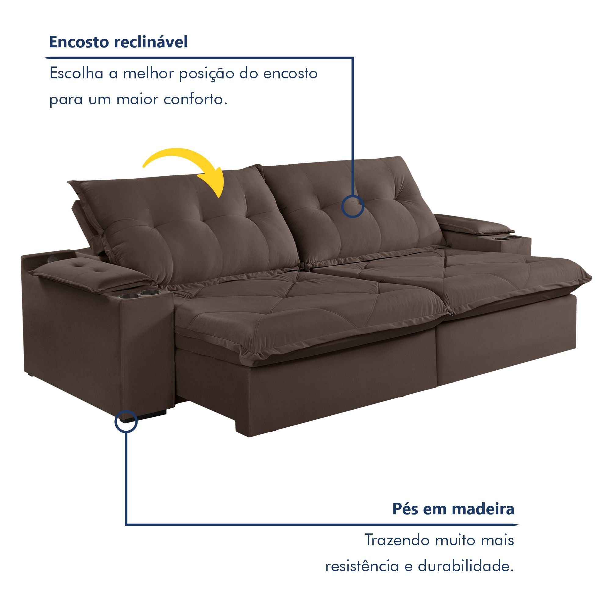 Sofá Retrátil e Reclinável 230cm M163 com Porta Copos Yescasa - 3