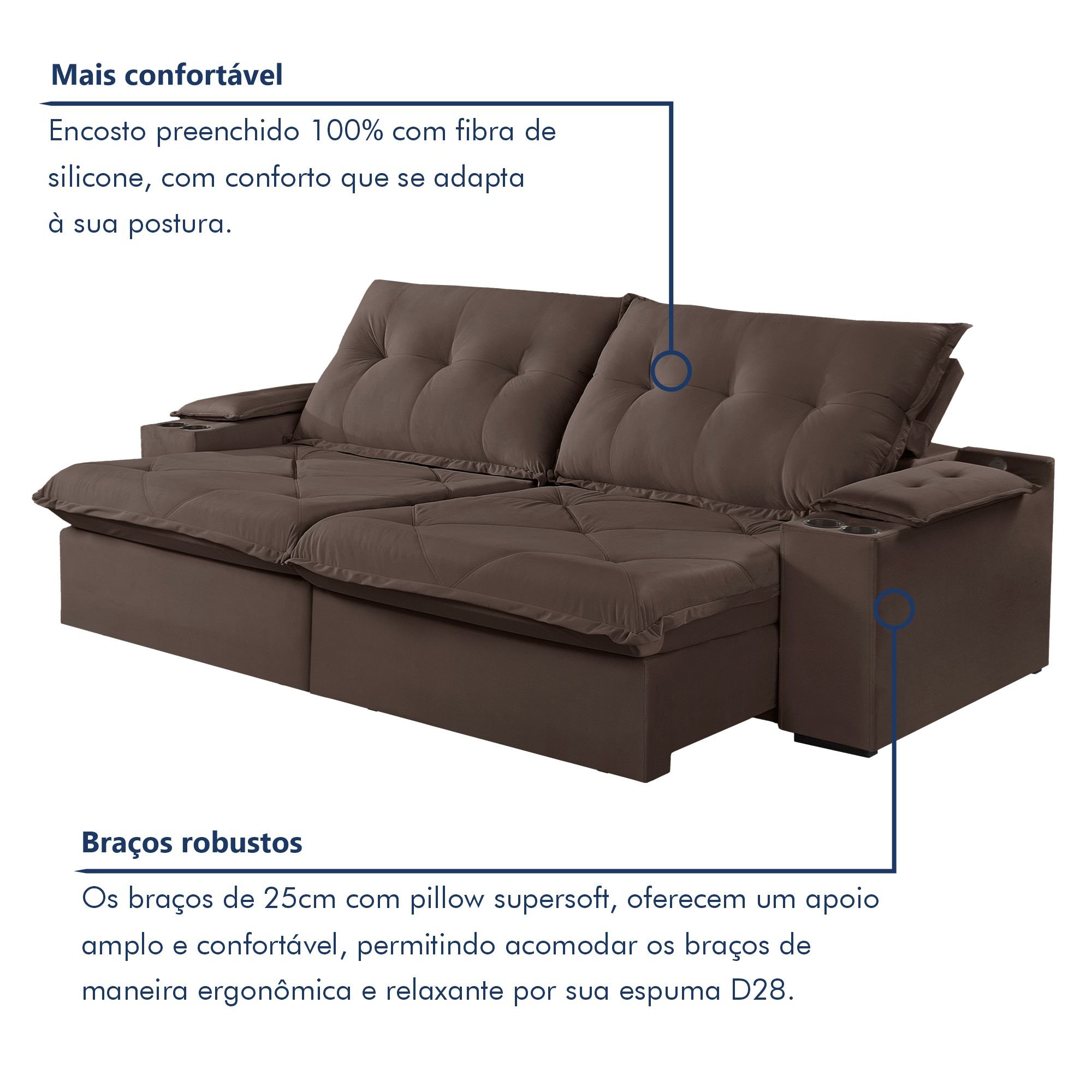 Sofá Retrátil e Reclinável 230cm M163 com Porta Copos Yescasa - 6