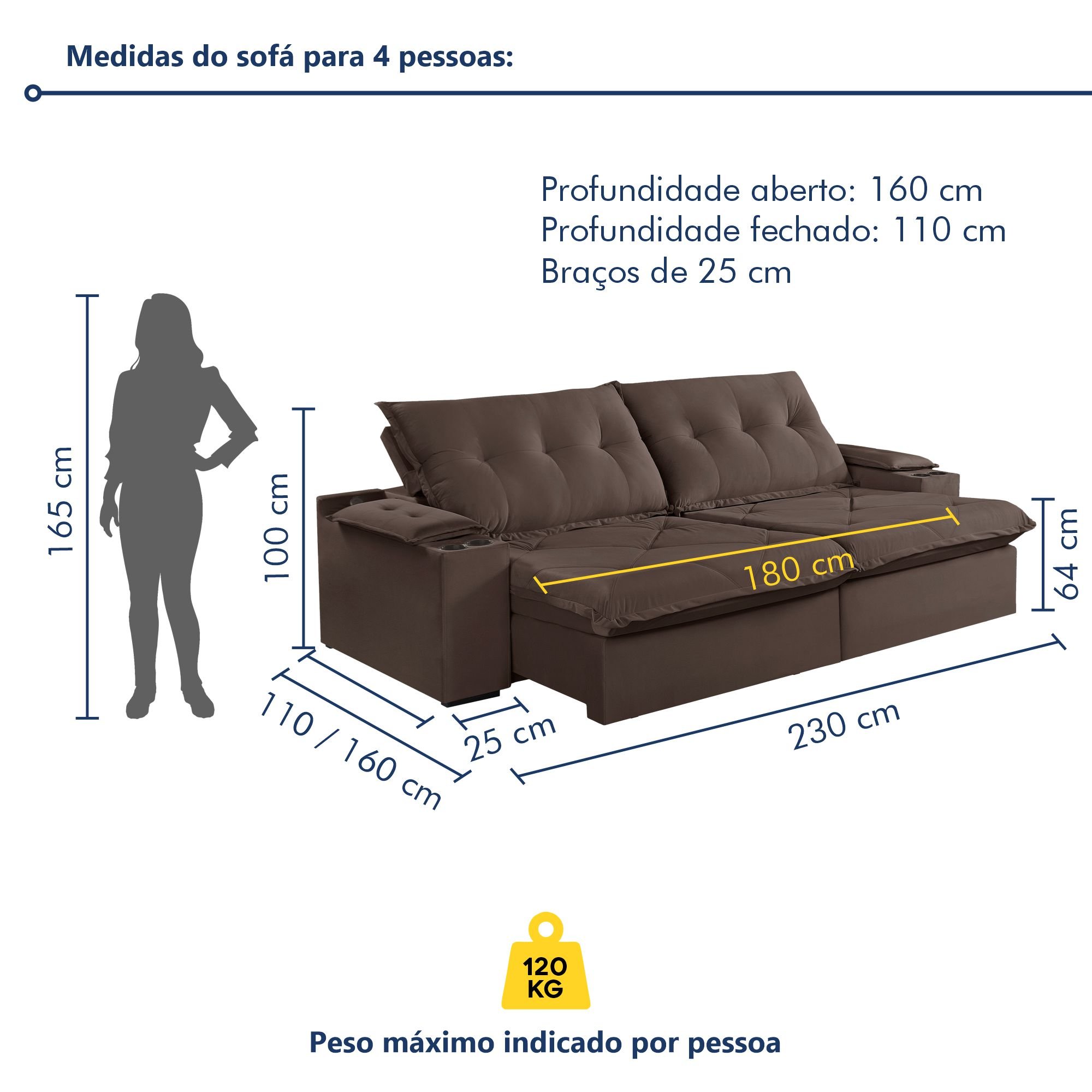 Sofá Retrátil e Reclinável 230cm M163 com Porta Copos Yescasa - 10