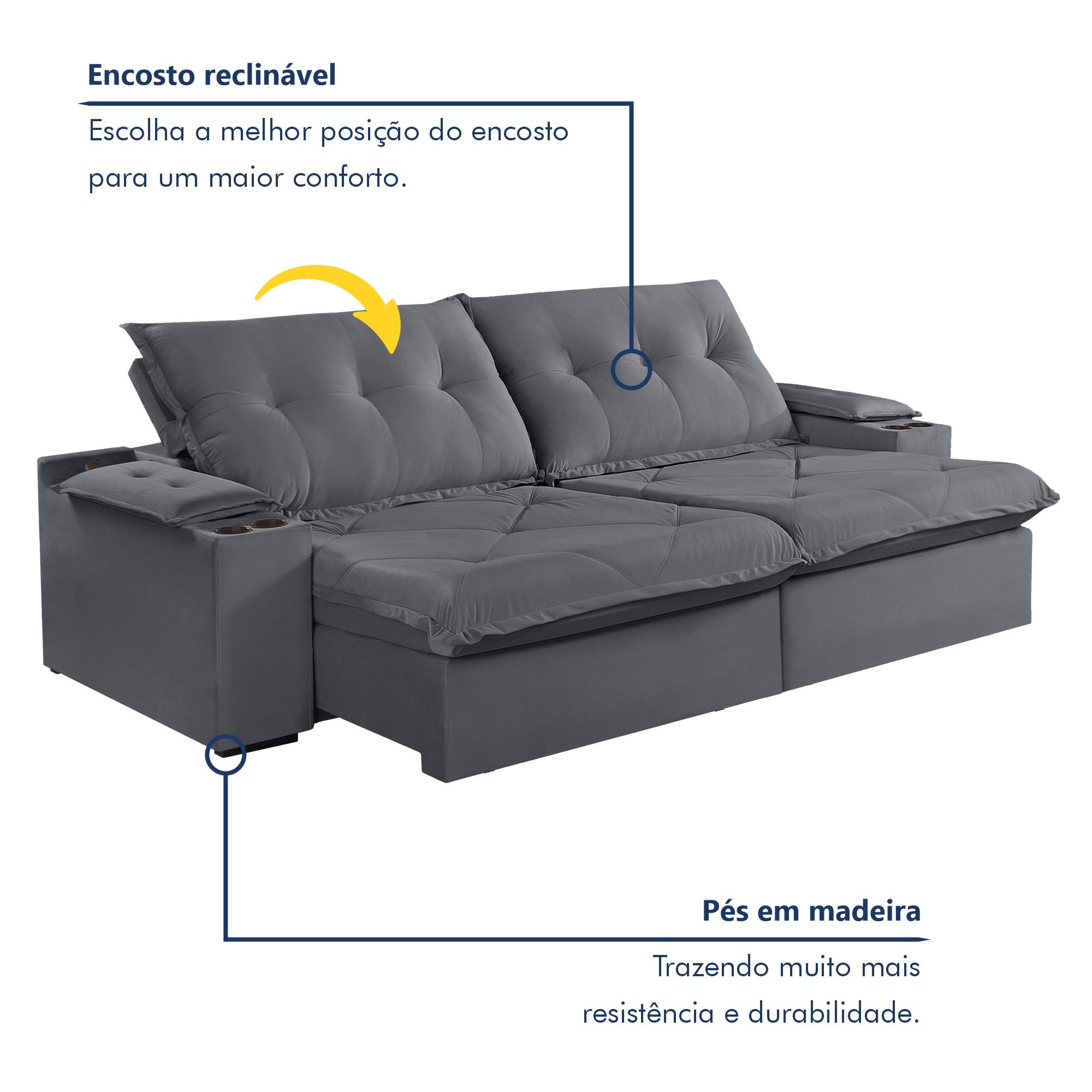 Sofá Retrátil e Reclinável 230cm M163 com Porta Copos Yescasa - 3
