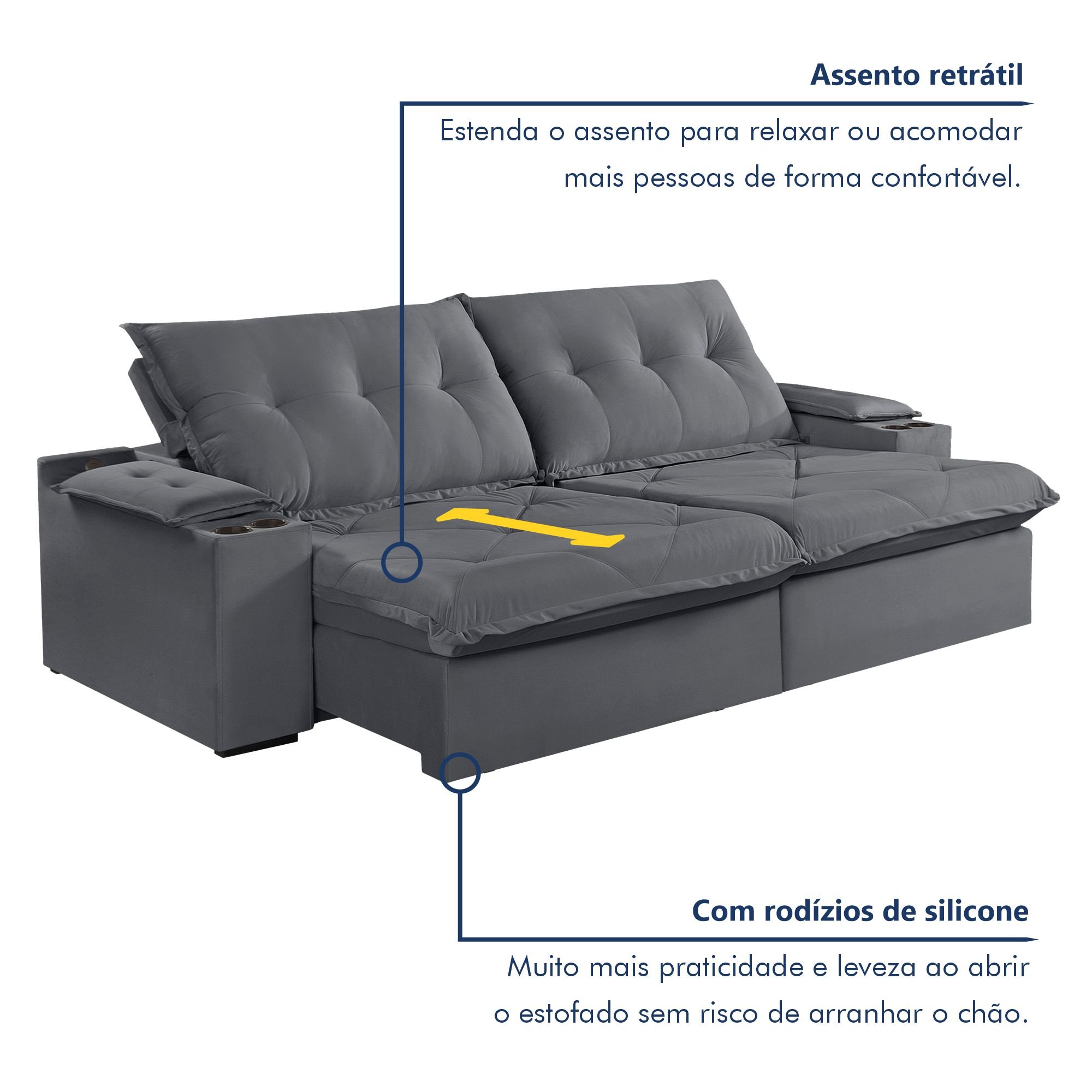 Sofá Retrátil e Reclinável 230cm M163 com Porta Copos Yescasa - 4