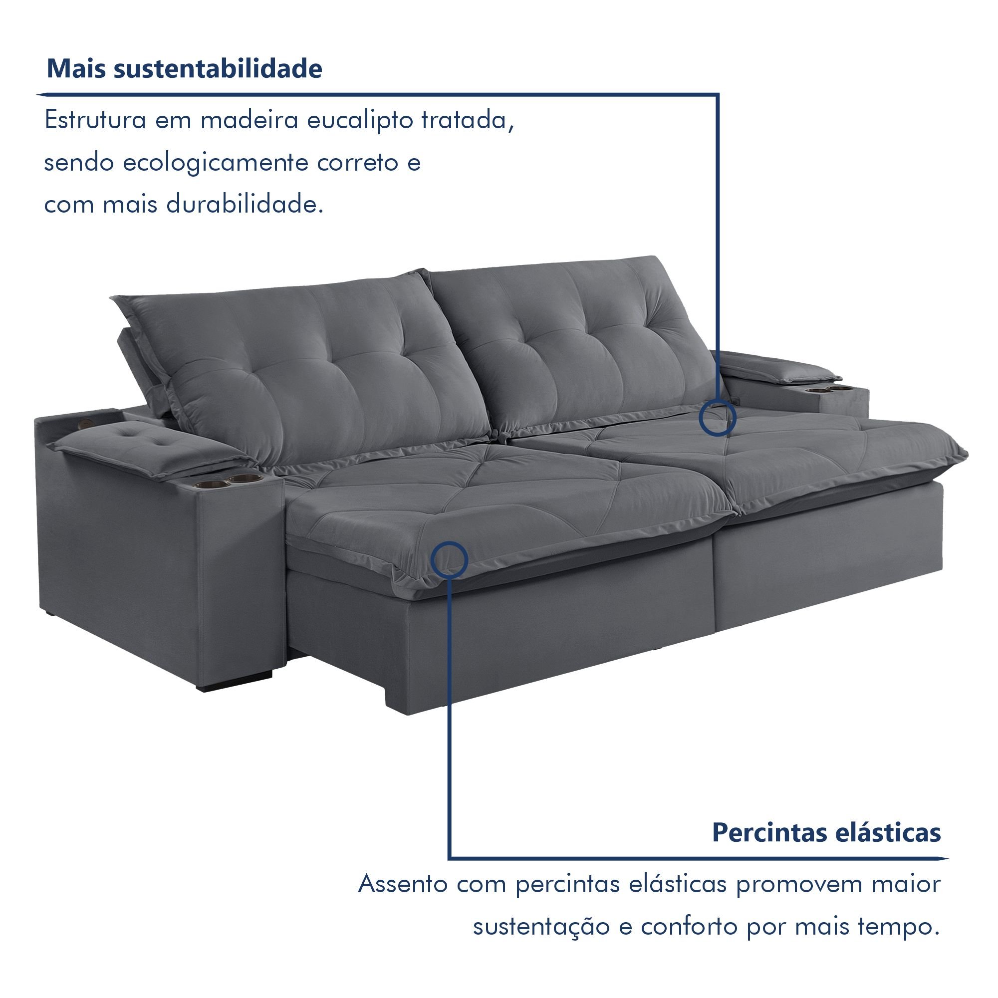 Sofá Retrátil e Reclinável 230cm M163 com Porta Copos Yescasa - 5