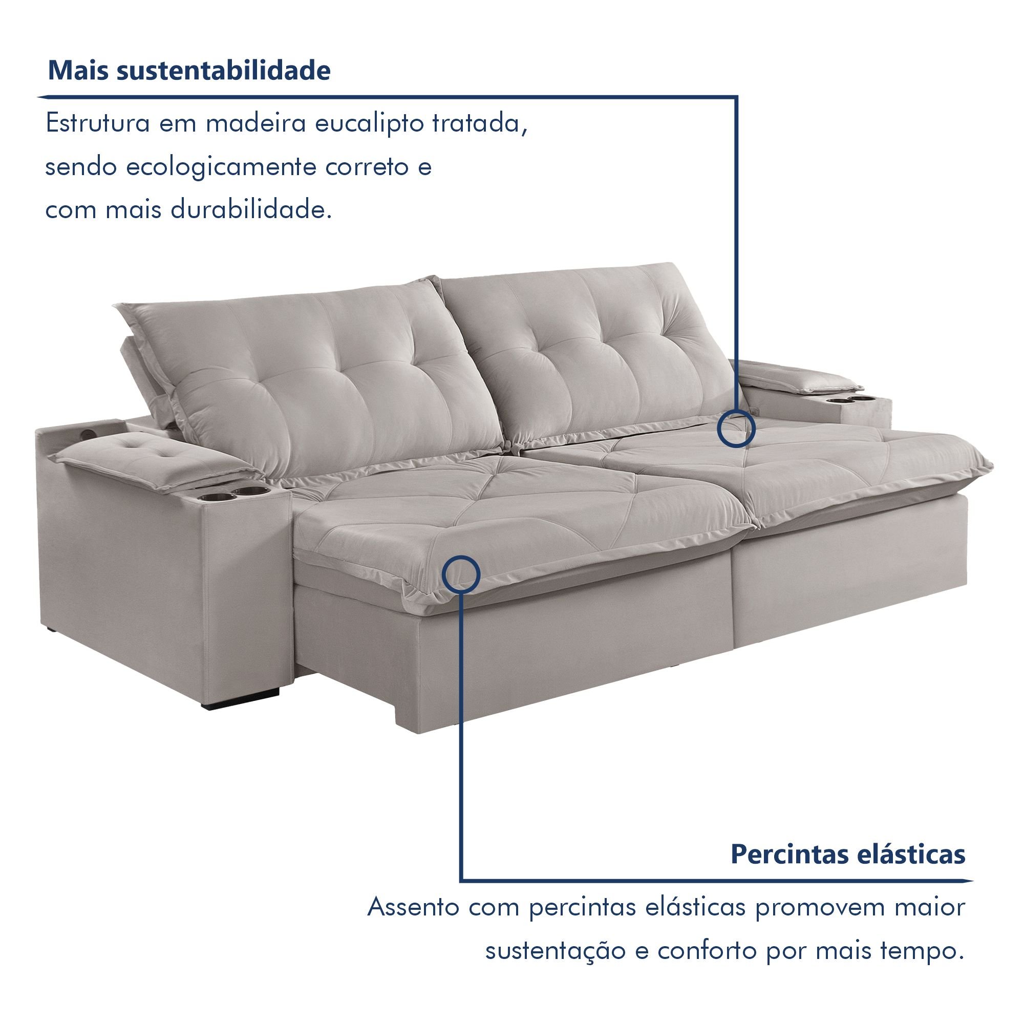 Sofá Retrátil e Reclinável 230cm M163 com Porta Copos Yescasa - 5