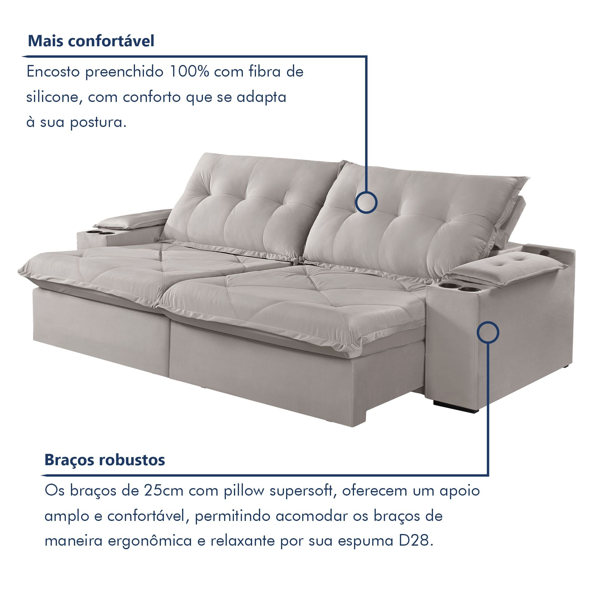 Sofá Retrátil e Reclinável 230cm M163 com Porta Copos Yescasa - 6